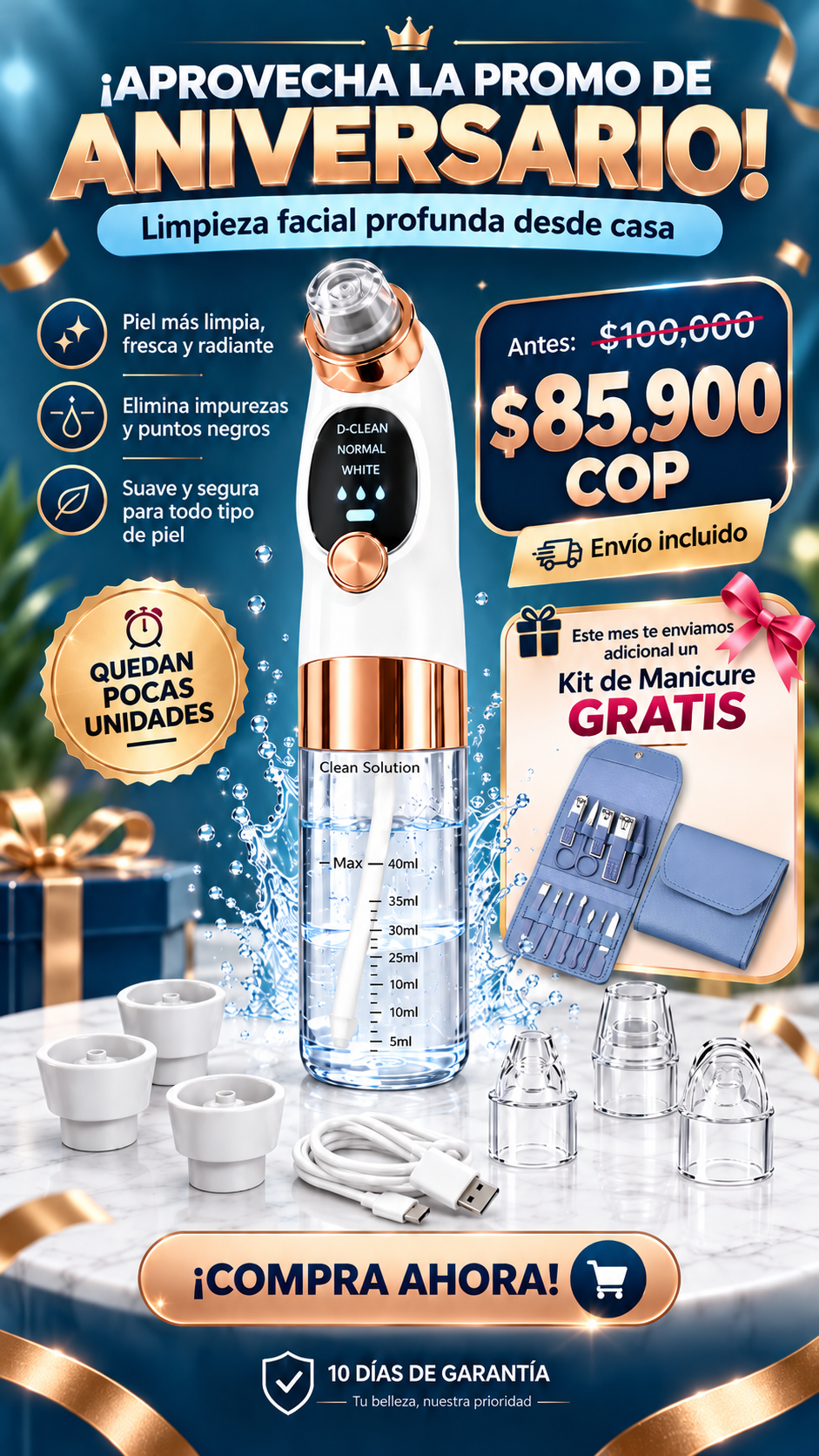 Extractor Facial de puntos negros con Sistema de Agua + Kit de Manicure GRATIS
